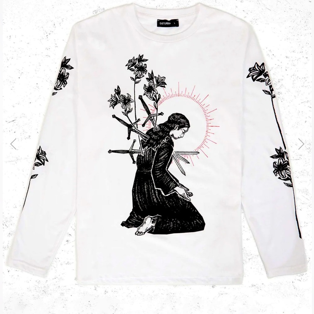 Disturbia White Long Sleeve Graphic Tee with Black and Pink Design